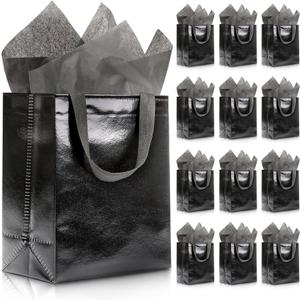 KeerxunBag 12pcs Reusable Gift BagsIncludes Tissue Paper Gift bag with handle Birthdays Parties Holidays Weddings Medium 10x4x8in Black Gift Bags