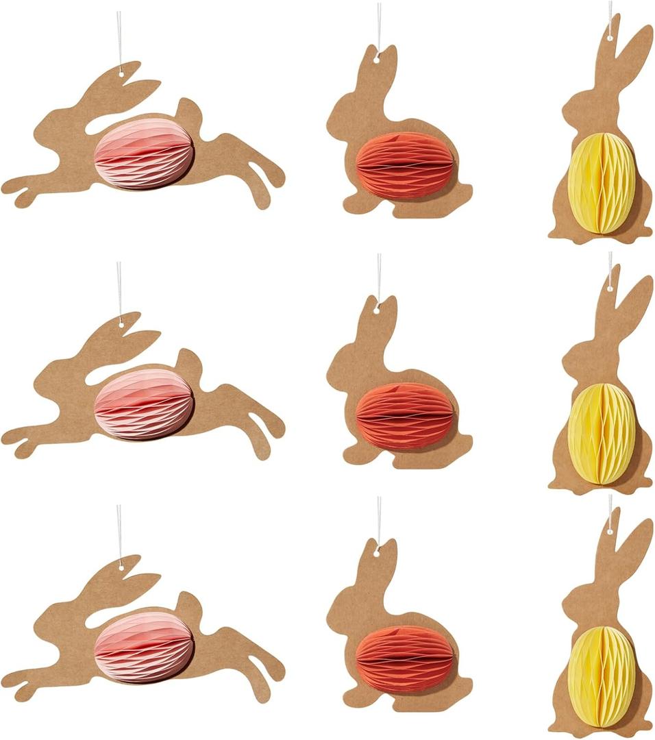 WDS WONDROUS 9-Piece Easter Bunny Hanging Ornaments Set, Rabbit with 3D Magnetic Honeycomb Paper Egg Ball, Interactive Paper Silhouette & Pastel Eggs for Tree Decor, Spring Easter Party Supplies Gift