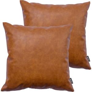 Faux Leather Throw Pillow Covers, 18 x 18 inch Set of 2 Thick Cognac Brown Modern Solid Decorative Square Bedroom Living Room Cushion Cases for Couch Bed Sofa