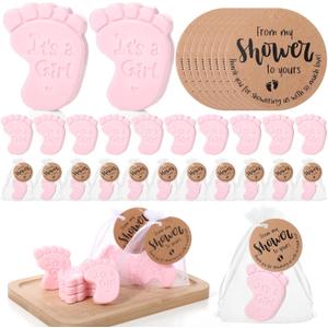 50 Sets Baby Shower Soap Favors for Guests Boy Girl Mini Handmade Scented Soaps with Thank You Tags and Organza Bags for Shower Gender Reveal Party Favors(Pink Footprint,It's A Girl)