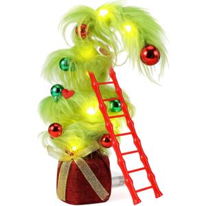 Seenelling 1ft Tabletop Bendable Mini Christmas Tree with LED Light Small Whimsical Lime Green Xmas Tree with Top Ball Table Centerpiece Decoration with Ball Mini Ladder for Party Home