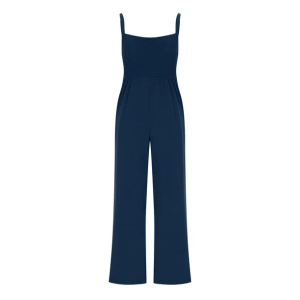 Trendy Smocked Jumpsuits Womens Casual Dressy Overalls One Piece Sleeveless Wide Leg Long Pant Rompers with Pockets (XL, Navy)