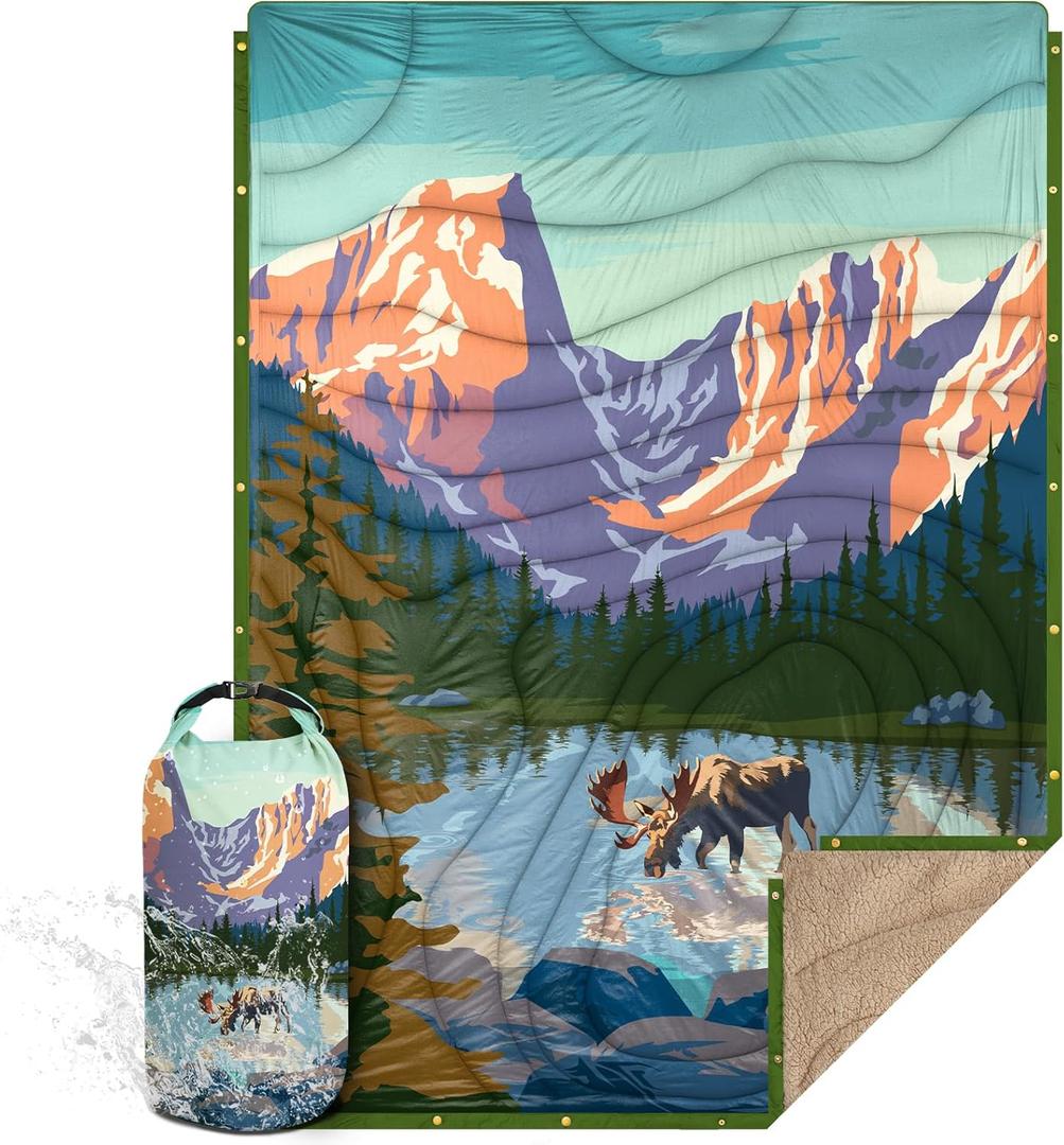 Outdoor Camping Blanket with Sherpa Lining, Extra Warm Thick Camp Blankets and Puffy Ultralight Soft Poncho DWR Camping Quilt for Cold Weather, Adventure, Sleeping, Backpacking 78"x 56" (Purple Deer Language)