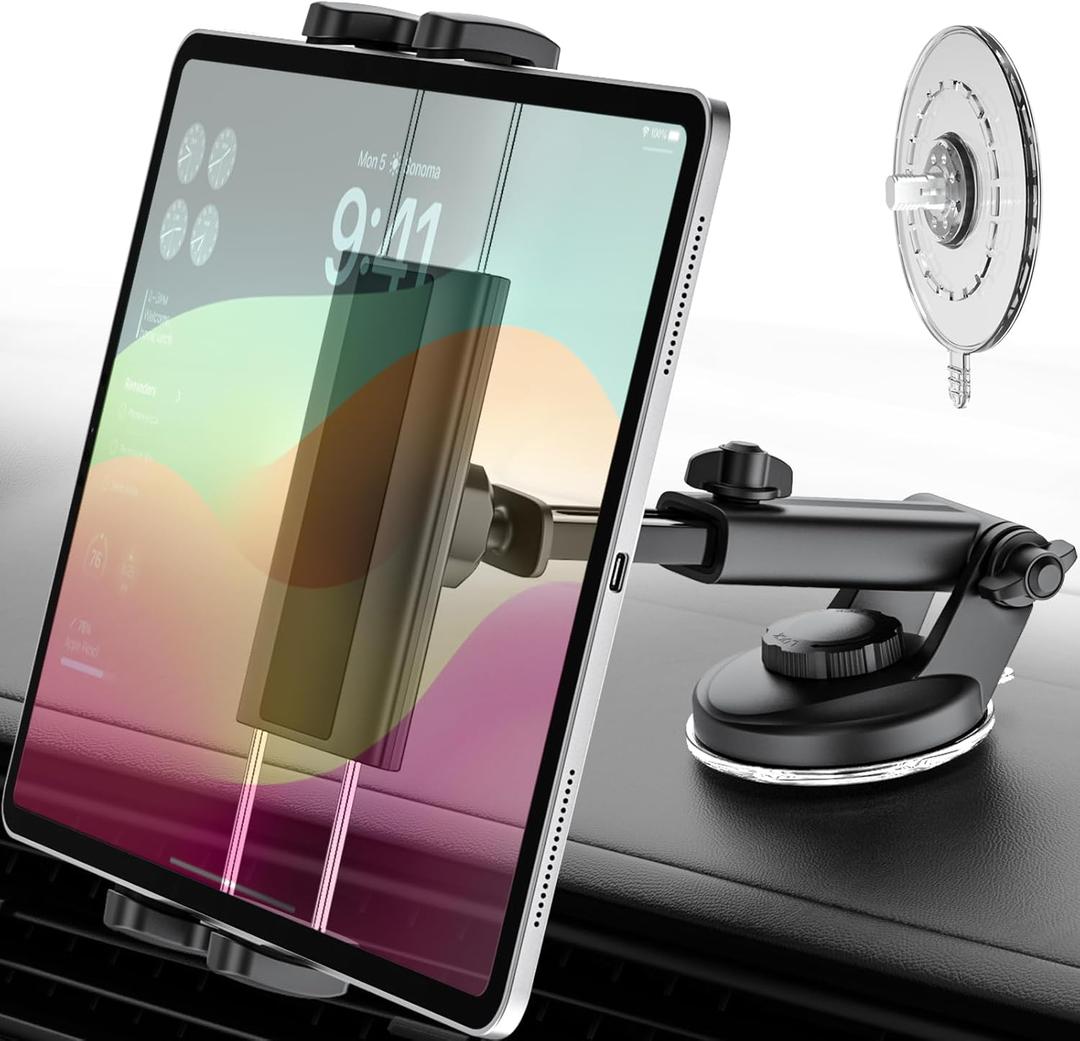 Car Tablet Mount Dashboard, [Adjustable Telescopic Arm] Replaceable Suction Cup Tablet Holder for Vehicle, Truck Windshield Stand for iPad Pro Mini Air, Galaxy Tab, iPhone, More 4-12.9" Device