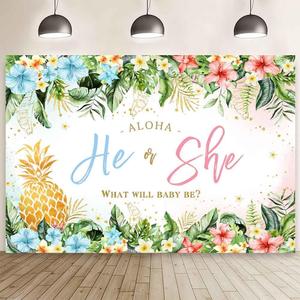 MEHOFOND 7x5ft Aloha Gender Reveal Backdrop Tropical Hawaiian He or She Photography Background Summer Pineapple Gender Reveal Party Decor Palm Leaves Floral Boy or Girl Party Banner Photo Booth Props