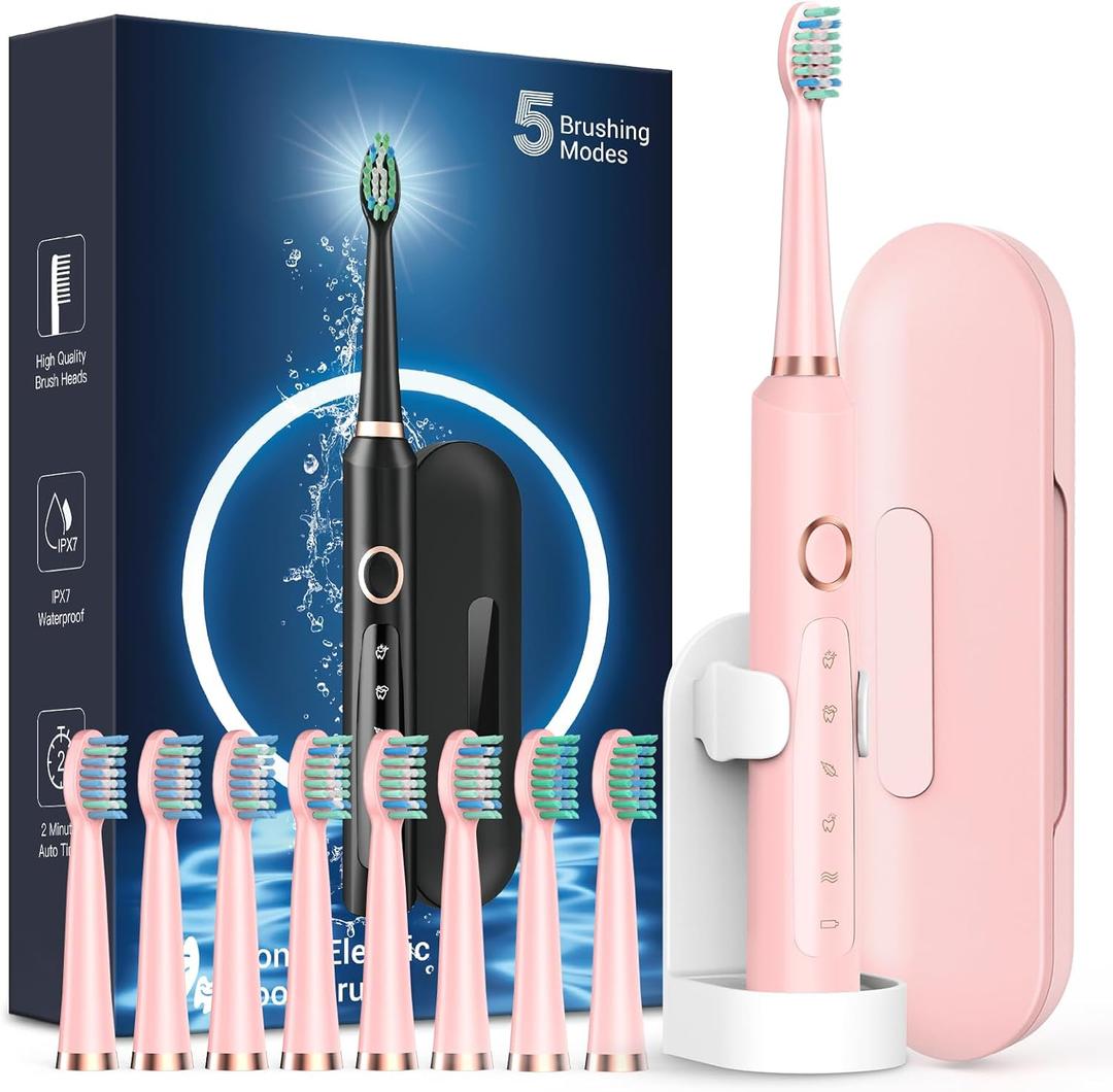 Rtauys M5 Sonic Electric Toothbrush for Adults and Kids - Rechargeable Electric Toothbrush Kids Ages 12+ and Adults with 8 Brush Heads & Travel Case, 120 Days Battery Life - Pink