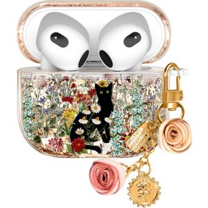 for Airpods 3rd Generation Case - Quicksand Liquid Cute Mujer Girl Women Aesthetic Cover Sparkling Sparkle Glitter Bling Sparkly Cat Flower Floral Keychain Girly for Airpods 3 Case