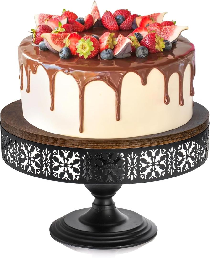 Wood Cake Stand, 12 Inch Rustic Wedding Cupcake Holder, Footed Dessert Display Riser with Metal Base, Hosting Pedestal Essential for Charcuterie Decor Birthday Baby Shower Tea Party, Black