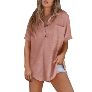 Astylish Women Oversized Waffle Shirts V Neck Short Sleeve Loose Blouses Beach Vacation Clothes Versatile Button Lightweight Pullover Dusty Pink Medium (M)