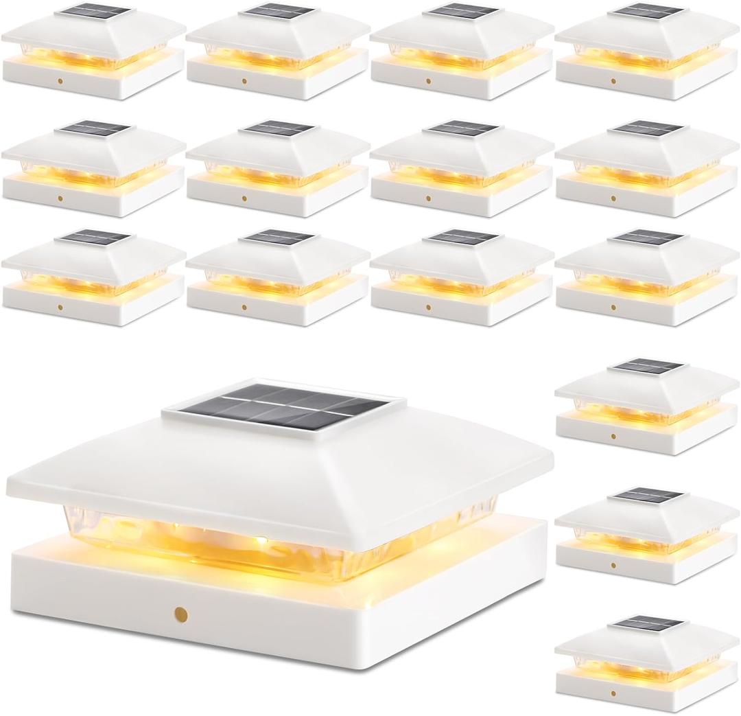 Solar Post Cap Lights Outdoor 16pack, White Waterproof Solar Powered Deck Fence Post Lights Fit 4x4 Wood/Vinyl Posts, Bright Warm White Solar Cap Light Decorate Deck, Patio, Porch, Fence