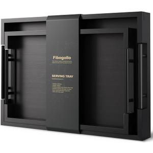 Bamboo Set of 2 Serving Tray with Metal Handles, Ottoman Decorative Trays Platter for Coffee Table,Living Room ,Bar, Party(Black)