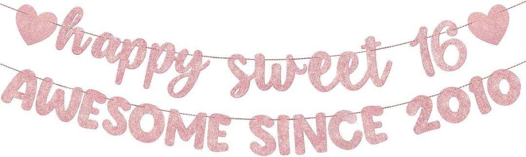 Fulmoon Pre Strung Happy Sweet 16 Awesome Since 2010 Banner Glitter Sweet 16th Birthday Signs for Birthday Bachelorette Party Decorations 16th Hanging Banner Photo Props Decor(Rose Gold)