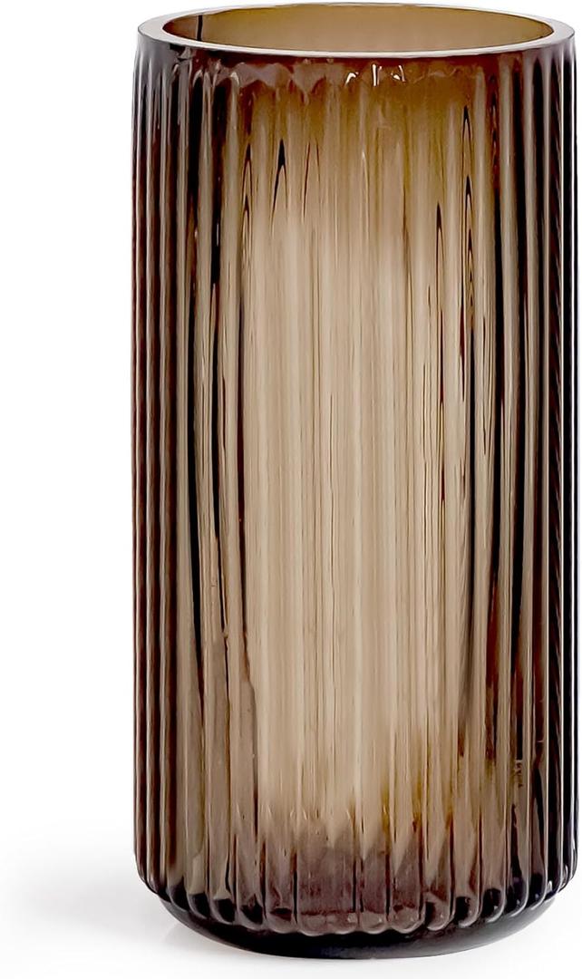 Muyan 7.5" Flower Vase for Decor Ribbed Glass Vase Modern for Centerpieces Desktop Home Office Dining Living Room Wedding (Amber) (Coffee)