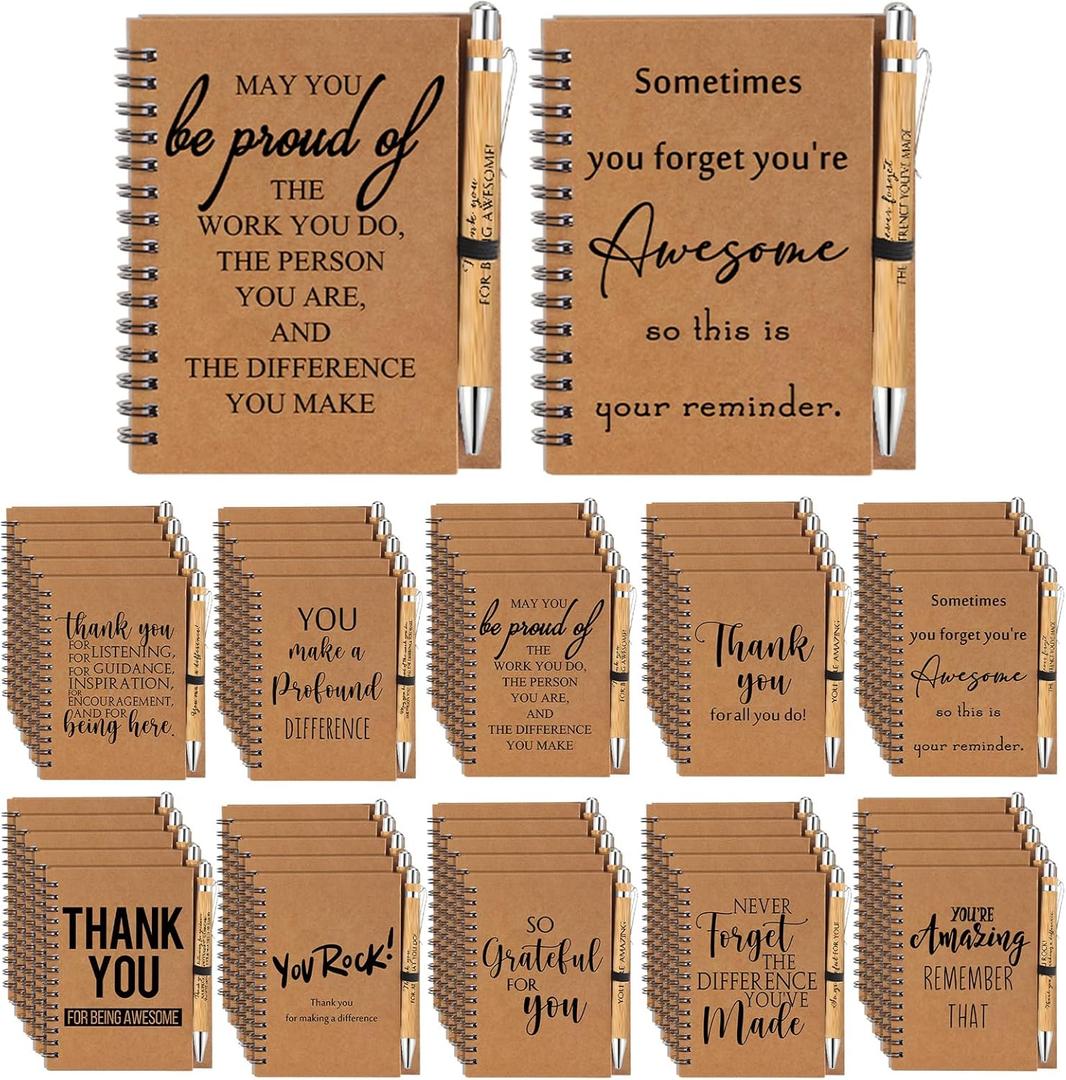 Honoson 50 Sets Spiral Notebooks Sets Employee Appreciation Gifts Bulk Inspirational Journals with Retractable Bamboo Pens Encouragement Notepad Thank You Gifts for Staff Teacher Coworker