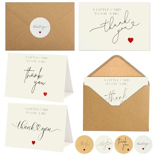 100 Bulk Thank You Cards with Kraft Envelopes and Stickers - 4 Minimalistic Designs Blank Thank You Notes with Envelopes and Heart for Business Wedding Bridal Gift Baby Shower Business Graduation