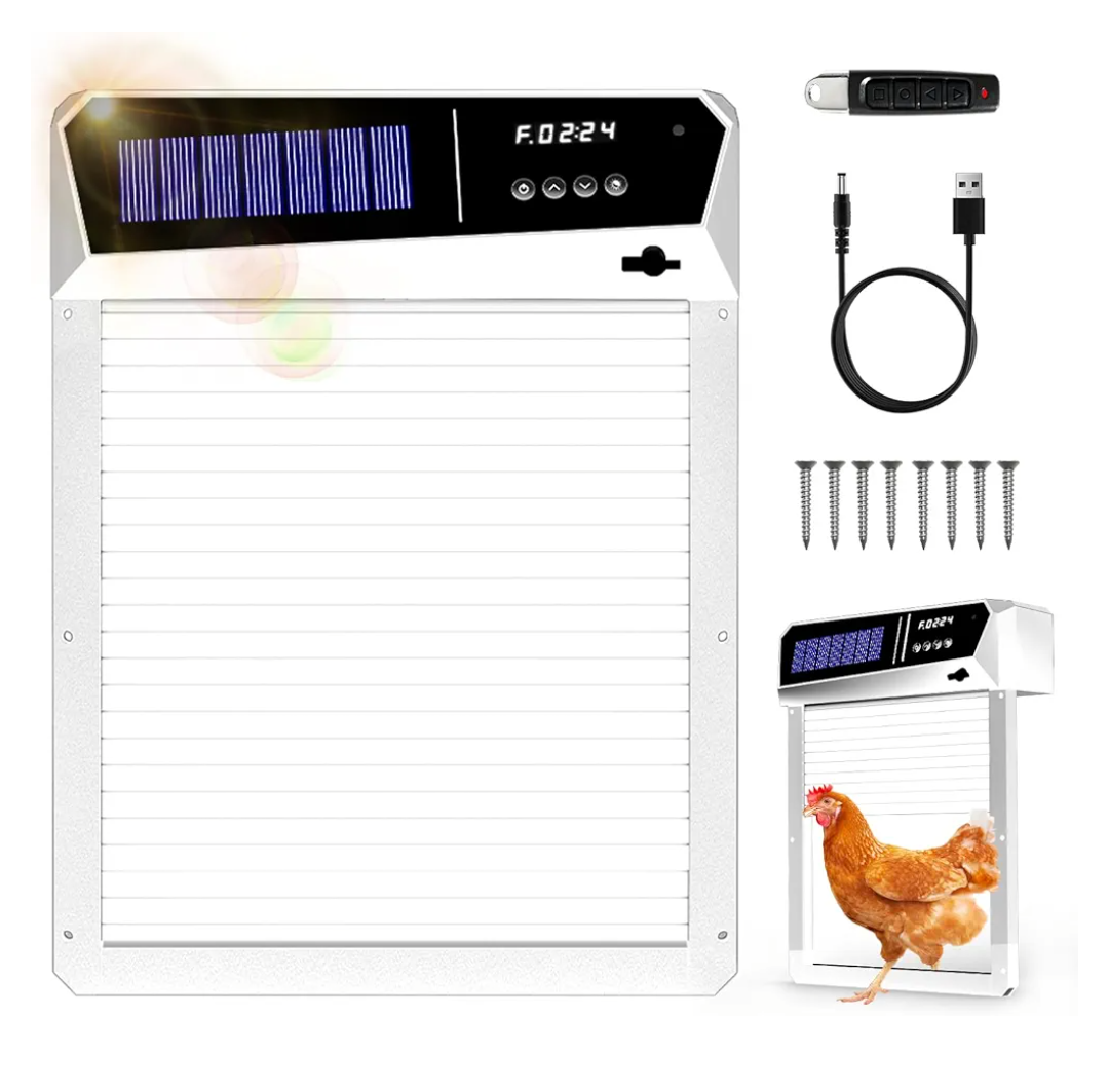 Automatic Chicken Coop Door, Solar Powered/USB Rechargeable, 5000mAh Battery, Anti Pinch & Extrem Wether Electric Aluminum Auto Run Chicken Door, Light Sensor/Timer/Smart/100ft Remote Control, Grey