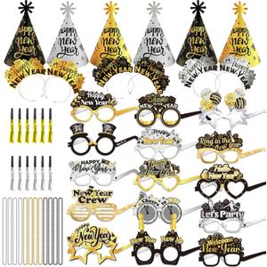HOWAF New Years Eve Party Supplies 2026 Black Silver Gold 2026 Glasses New Years Hats Happy New Year Headband Tiara Necklace Blowouts NYE Party Favors Accessories Kit for Happy New Year Decorations