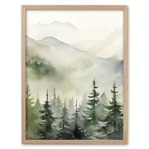 EcoHest Modern Sage Green Mountain Framed Wall Art, 12x16 in OAK Wood Pine Forest Canvas Wall Art, Minimalist Abstract Nature Bedroom Decor, Set of 1 For Living Room Bathroom