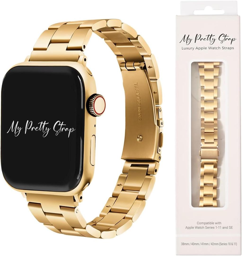 My Pretty Strap Classic Vogue Band Compatible with Apple WATCH SE Series 9 8 7 6 5 4 3 2 1, 38MM / 40MM / 41MM, Stainless Steel Metal Gold for Women
