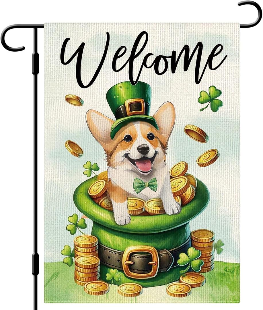 DLZDN Welcome St Patricks Day Dog Garden Flag Shamrocks Corgi Flag 1218 Inch Double Side Vertical Burlap Farmhouse Yard Sign Holiday Outdoor Decoration