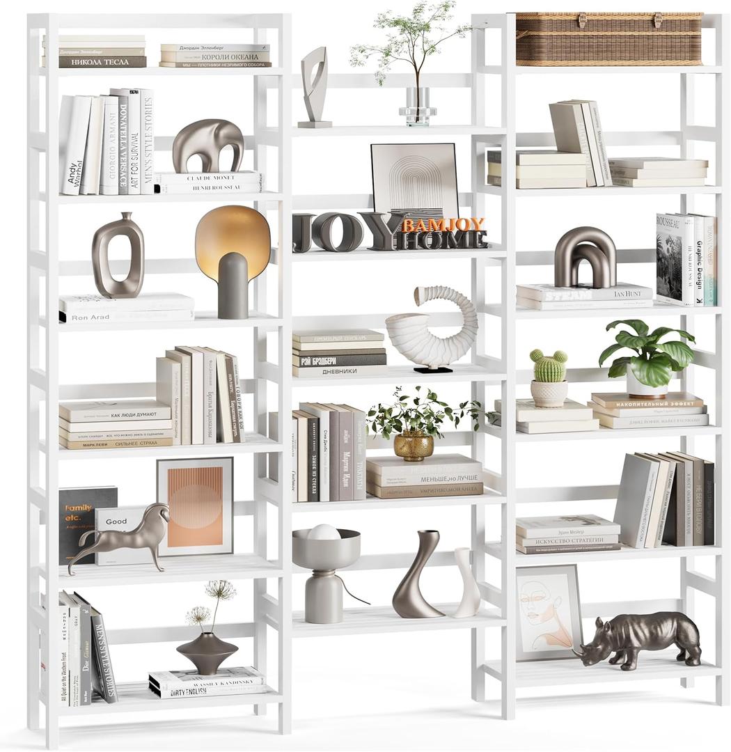 Bamjoy Bamboo Bookshelf, Triple 6-Tier White Bamboo Shelf, Large Bookshelf Bookcase with 17 Open Display Shelves, Tall Book Shelf Storage Rack for Home Office, 71.5 H