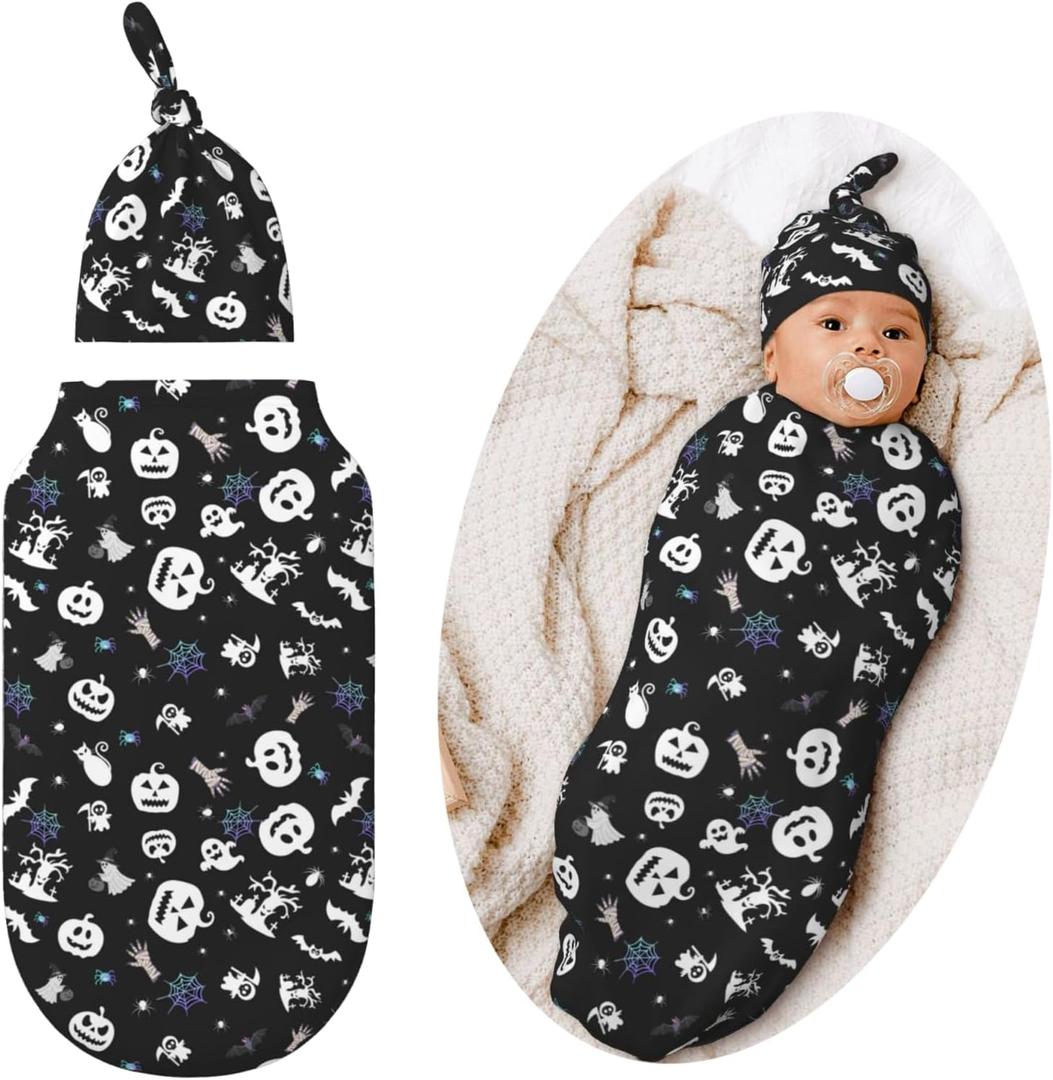 Swaddle Blankets Newborn Receiving Blanket Baby Swaddle Wrap with Hat, Soft Sleeping Clothes for Baby Girls Boys (Gothic)