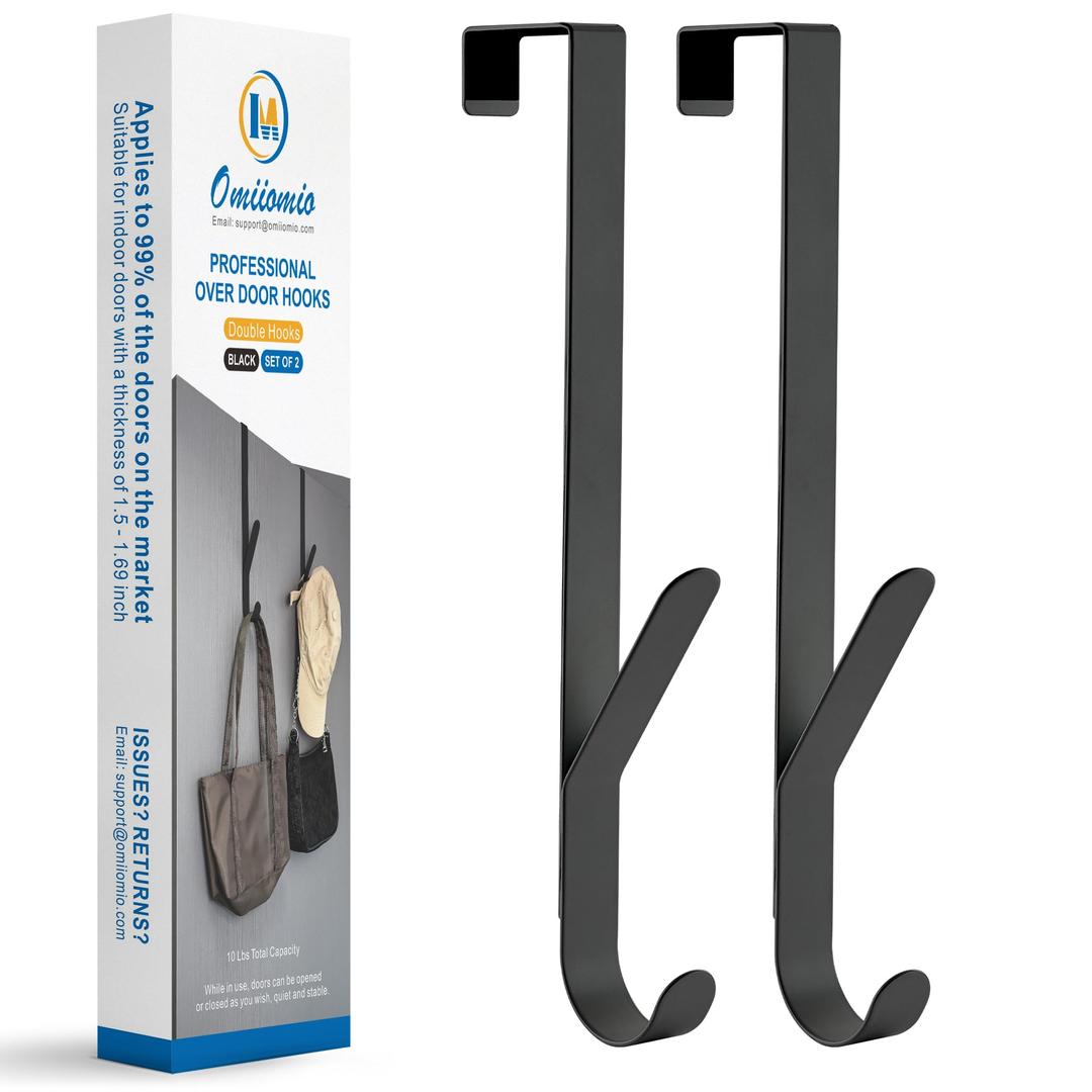 Over The Door Double Hanger Hooks, Metal Twin Hooks Organizer for Hanging Coats, Hats, Robes, Towels - Black - Set of 2