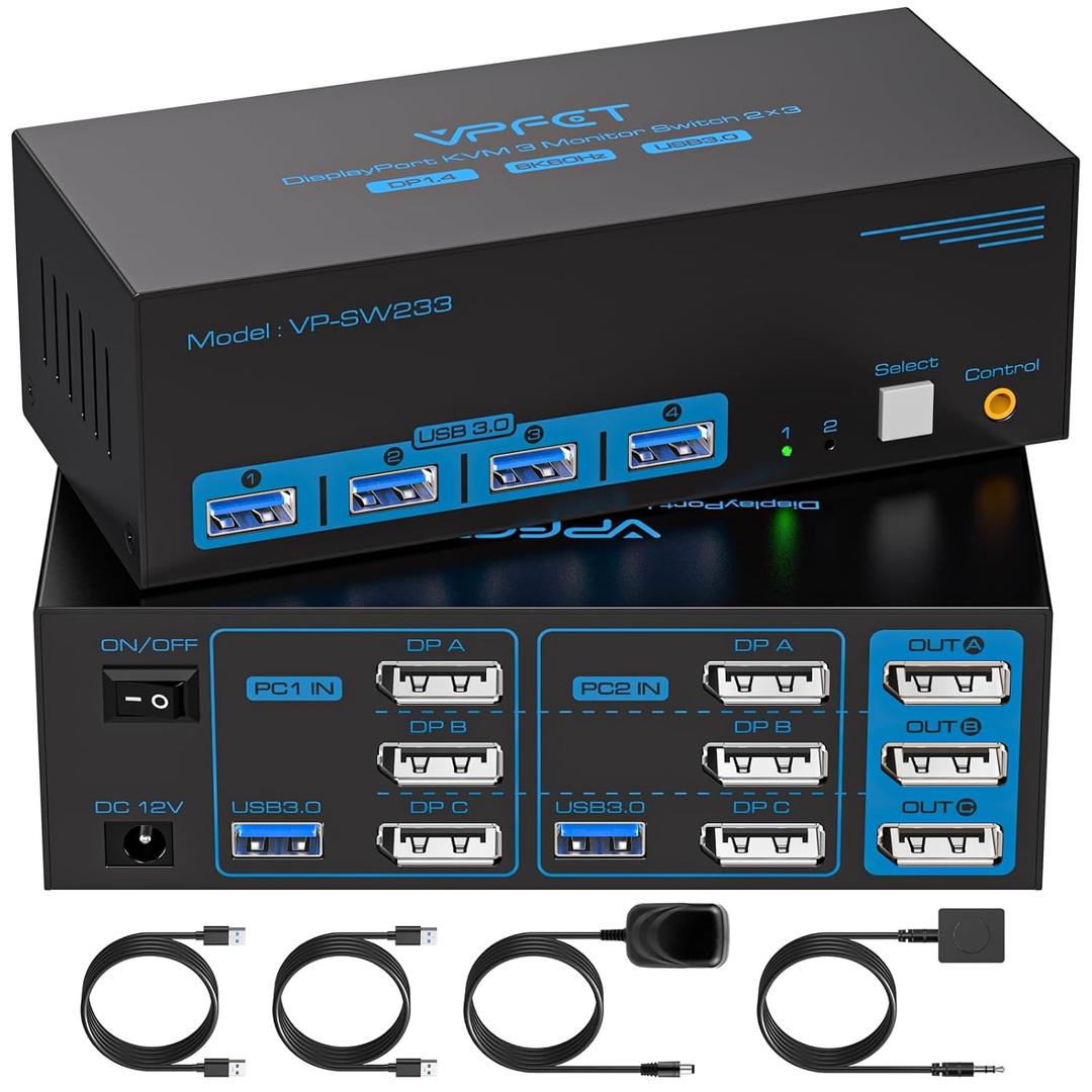 4K@120Hz Displayport KVM Switch 3 Monitors 2 Computers 8K@60Hz DP KVM Switches Triple Monitor Dual Port for 2 PC/Laptops Share 4 USB 3.0 Ports Support Extended & Duplicate Display Mode (Deep Blue)