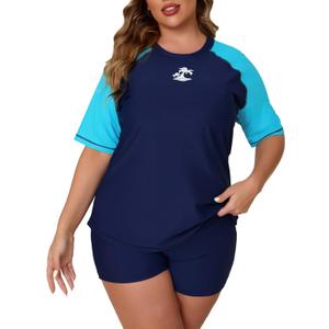 Women Plus Size Short Sleeve Rash Guard Sets with Built in Bra UPF50+ Swim Shirt and Shorts Two Piece Swimsuit (3X, Navy/Turquoise)