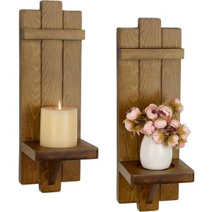 OwnMy Wood Wall Candle Sconces Set of 2, Brown Hanging Pillar Candle Holders Farmhouse Wall Decors, Rustic Candle Sconces Hanging Candlestick Holder for Living Room Fireplace Dining Room Bedroom