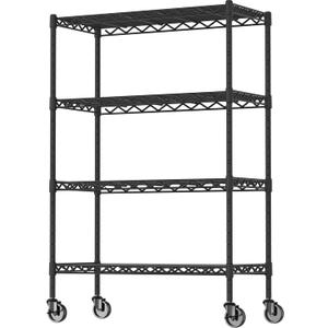 4-Shelf Adjustable Heavy Duty Storage Shelving Unit on 4 Wheel Casters, Metal Organizer Wire Rack for Laundry Bathroom Kitchen Pantry Closet, Black