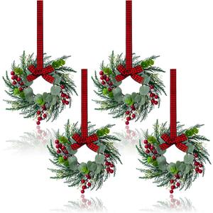 Small Christmas Wreaths 4Pcs, 10 Inch Mini Wreaths for Kitchen Cabinets, Christmas Door Wreath, Small Christmas Wreath for Fireplace Window Farmhouse Indoor Home Decorations