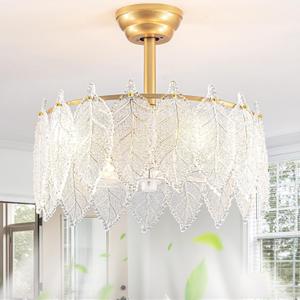 Gold Leaf Crystal Ceiling Fan with Lights,20" Caged Fandelier with Remote Control,Glass Chandelier Fan with 6 Speeds Quiet Reversible Motor for Bedroom,Nursery,Dining Room