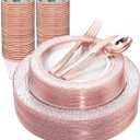 Ciaell 150PCS Rose Gold Plastic Plates  Disposable Plates with Rose Gold Plastic Silverware include 50Plates, 25Forks, 25Knives, 25Spoons, 25Cups for Wedding & Party