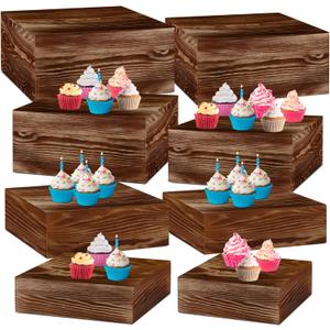 Barydat 8 Pcs Large 13.7" Wood Risers Display Stands Rustic Square Cupcake Stand Food Risers Stackable Display Box for Buffet Table Dessert Food Birthday Wedding Party(Black Brown)