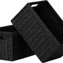 UBBCARE 2 Pack Wicker Basket, 13.4L8.3H7.1W inch Woven Paper Rope Storage Baskets for shelves, Foldable Rectangular Storage Baskets with Handle, Storage Basket for Organizing, Black,2pack Medium