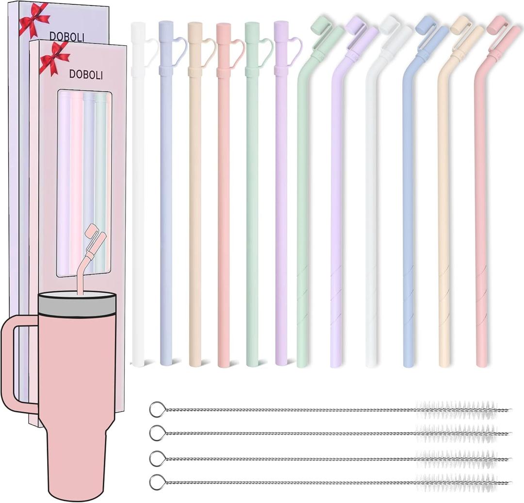 Doboli 12 Pack Replacement 12&13 inch Long Silicone Straw With Straw Cover, Compatible with Stanley 40 oz 30 oz Cup Tumbler, Reusable Straws with Cleaning Brush, for Stanley Tumbler Accessories