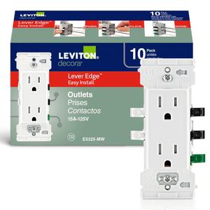 Leviton Lever Edge 15 Amp Tamper-Resistant Duplex Wall Outlet, 10-Pack, E5325-MW, White