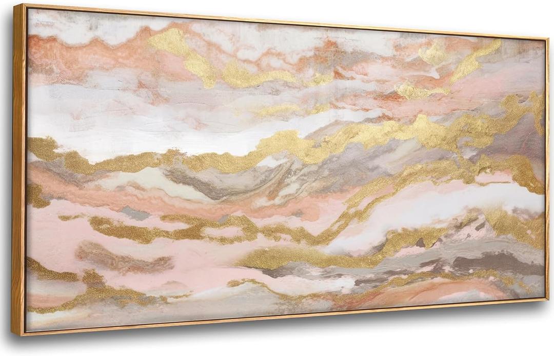 Abstract Pink Canvas Wall Art Framed Gold Abstract Line Artwork for Living Room Decor Canvas Art Bedroom Pictures Office Decoration for Wall 30x60in, 29"x58"