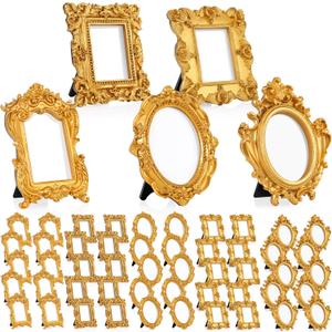 Maitys 50 Pcs Mini Picture Vintage Frames with Stands Tiny Antique Photo Baroque Ornate Resin Oval Frame Table Top Display Home Wedding Decor (Gold)