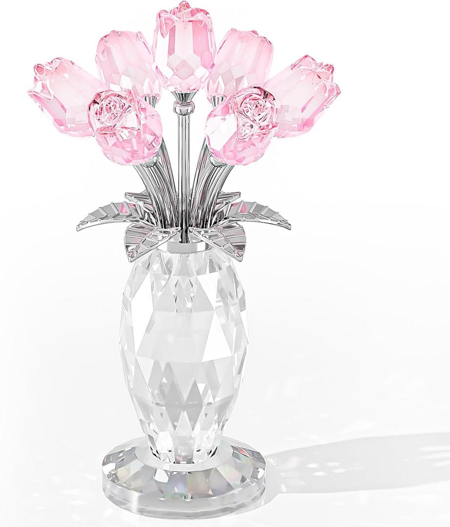 Movdyka Glass Rose Flower Pink Roses Bouquet Home Decor Crystal for Mom Wife Collectible Blown Glass Figurines Desk Ornaments Wedding Decor Romantic Gifts for Women