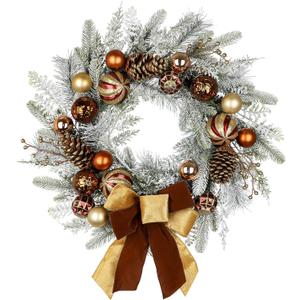 24" Christmas Wreath for Front Door Artificial Unlit Winter Wreath with Pine Cones, Berry Clusters, Bronze Ball Ornaments and Ribbon for Thanksgiving Holiday Christmas Decoration
