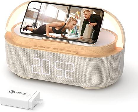 COLSUR Bluetooth Speaker Alarm Clock with Wireless Charger, FM Radio, Adjustable LED Night Light, 6 in 1 Bedroom Portable Speaker 2500mAh, Phone Stand for Bedside, Home, Office, Gift (Wood)