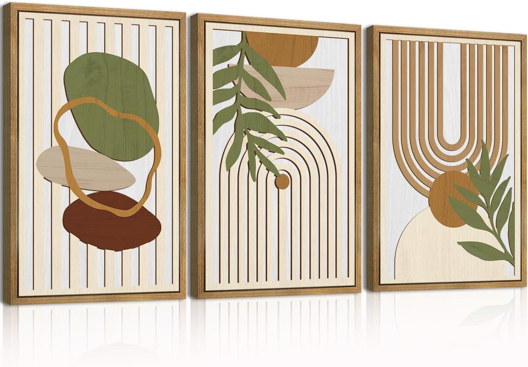 DRACIT Large Boho Minimalist Geometric Wooden Framed Canvas Wall Art Set,Neutral Sage Green Beige Wall Decor,Modern Mid Century Leaf Wall Sculptures for Living Room,Bedroom,Office-16 x24 x3