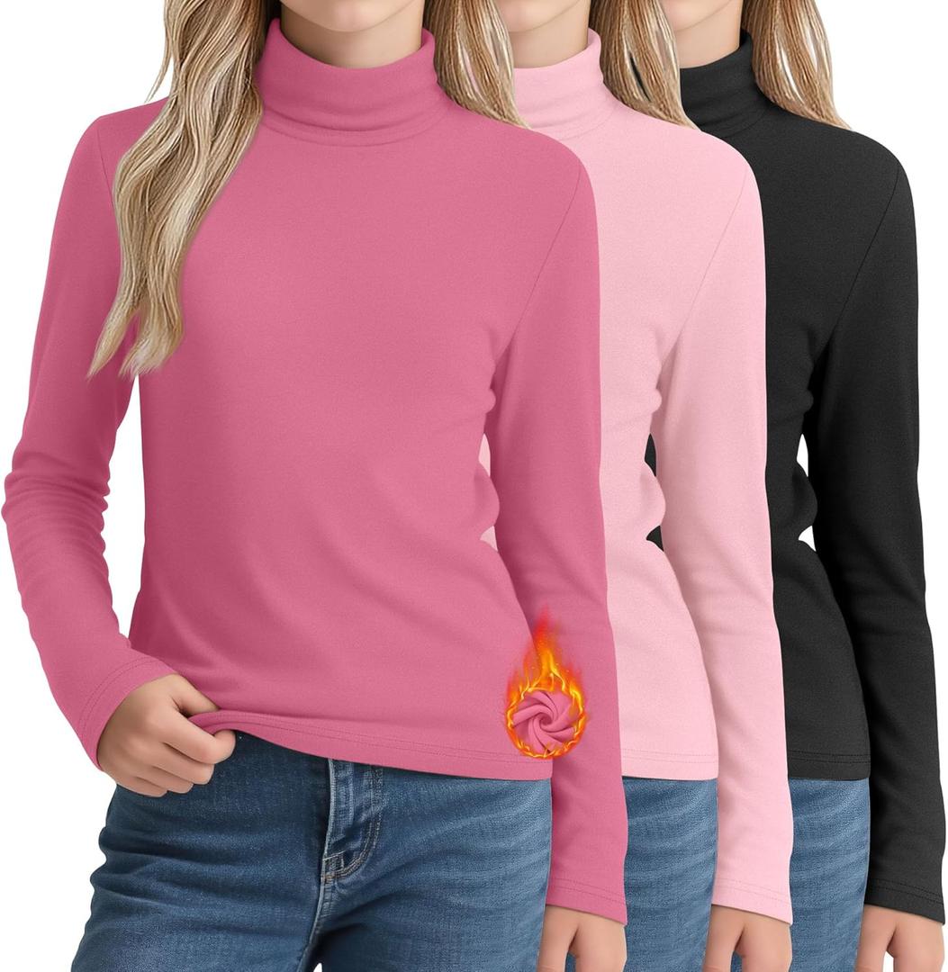 LessonZoo 3 Pack Girls Turtleneck T Shirt, Fleece Mock Neck Thermal Tops Long Sleeve Kids Sweater Soft Base Layer Undershirt (5-6 Years, Rose Red, Coral Pink, Black) 