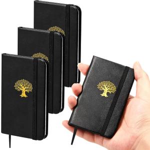 4 Pcs Mini Leather Pocket Notebook 4 x 2.5 Inch Small Hardcover Notebook 50 Sheets Hardcover Mini Notepad Tiny Lined Journal for Office Home School Writing Supplies(Tree of Life) (Black)