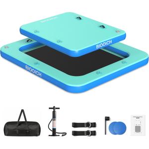 2 in 1 Inflatable Floating Dock, 8.2FTx7.2FT Floating Mat with Mesh Swim Area & Portable Pool Island Platform with Air Pump, Repair Kit, Storage Bag & Linking Ropes for Swimming, Lake, Beach