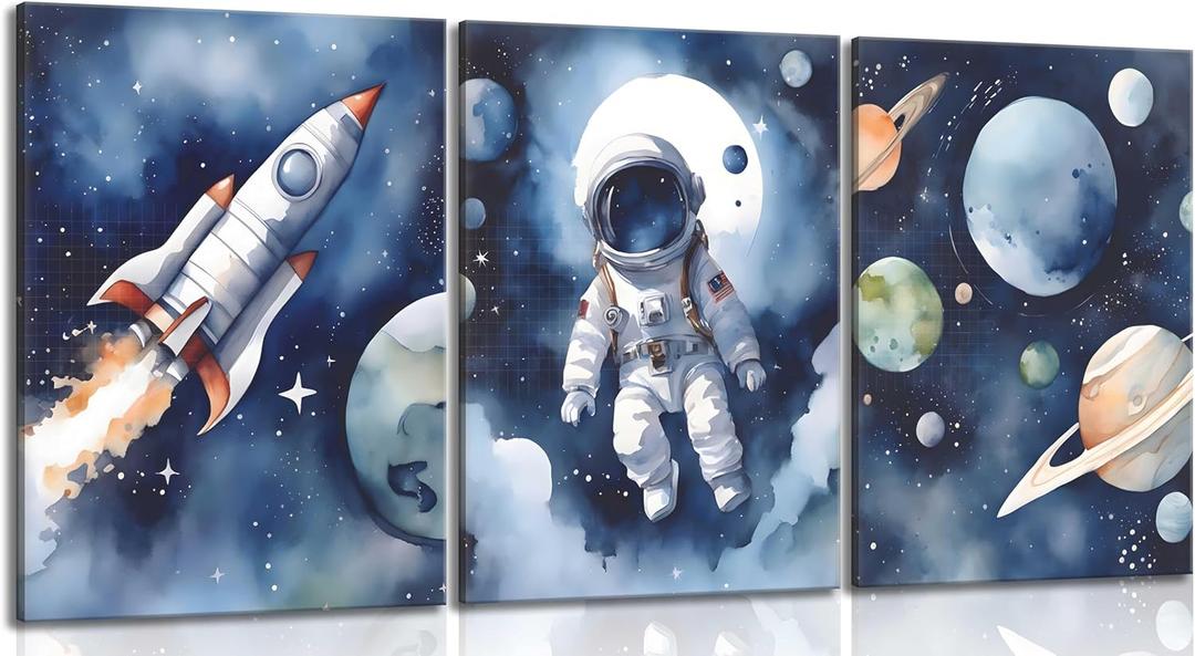 3Pcs Nursery Astronaut Wall Art Kids Space Planets Theme Canvas Painting Rocket Spaceman Wall Decor Explore Dream Galaxy Poster Prints Funny Outer Space Picture for Boys child Bedroom Living Framed (Blue)