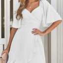 Dokotoo Women's Wrap V Neck Short Flared Sleeve Wedding Guest Dress Smocked Elastic Waist Tiered Belted Ruffle Hem Mini Dress (White, L)