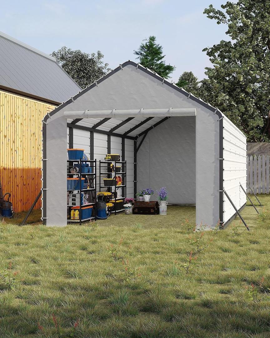 13ft Wide Heavy Duty PE Carport Waterproof Outdoor Garage Shelter for Car, Truck, Boat with Removable Sidewalls, Grey